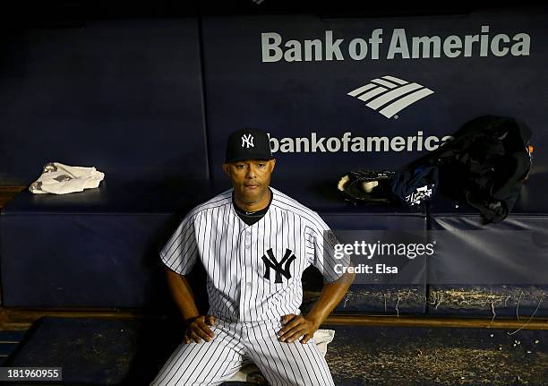 Mariano Rivera of the New York Yankees sits in the dugout after the game against the Tampa Bay Rays on September 26, 2013 at Yankee Stadium in the...