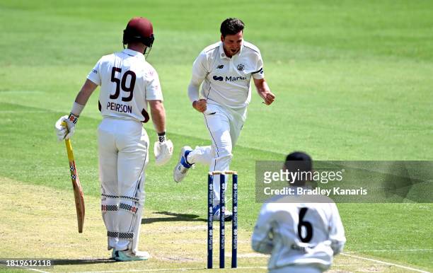 Jhye Richardson of Western Australia celebrates taking the wicket of Jimmy Peirson of Queensland during day two of the Sheffield Shield match between...