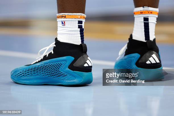 Detail of the Adidas sneakers worn by Anthony Edwards of the Minnesota Timberwolves against the Oklahoma City Thunder in the second quarter during an...