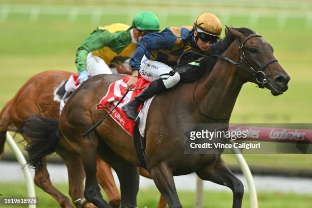 Zac Spain riding Call The Union winning Race 4, the Ladbroke It Handicap, during Melbourne Racing at Sandown Lakeside on November 29, 2023 in...