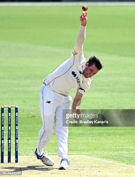 Jhye Richardson of Western Australia bowls during day two of the Sheffield Shield match between Queensland and Western Australia at The Gabba, on...