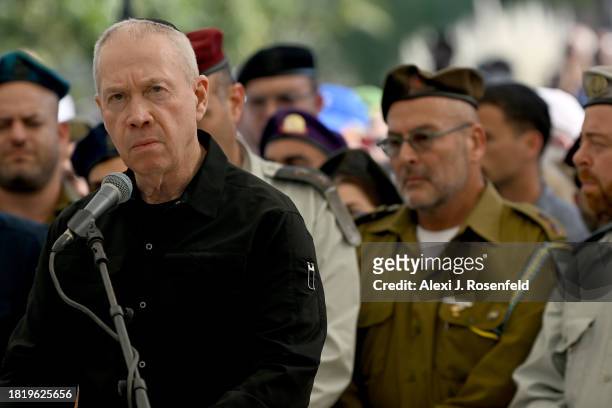 Israeli Defence Minister Yoav Gallant speaks during the funeral of Col. Asaf Hamami, commander of Gaza Division’s Southern Brigade at the Kiryat...