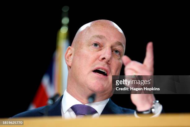 Prime Minister Christopher Luxon looks on during a post cabinet press conference at Parliament on November 29, 2023 in Wellington, New Zealand. The...