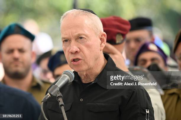 Israeli Defence Minister Yoav Gallant speaks during the funeral of Col. Asaf Hamami, commander of Gaza Division’s Southern Brigade at the Kiryat...