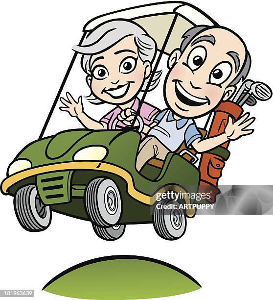 senior couple in golf cart - seniors having fun stock illustrations