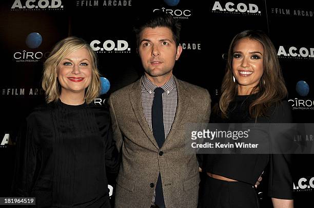 Actors Amy Poehler, Adam Scott and Jessica Alba attend the premiere of the Film Arcade's "A.C.O.D." at the Landmark Theater on September 26, 2013 in...