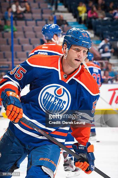 Ben Eager of the Edmonton Oilers skates against the Winnipeg Jets during a preseason NHL game at Rexall Place on September 23, 2013 in Edmonton,...