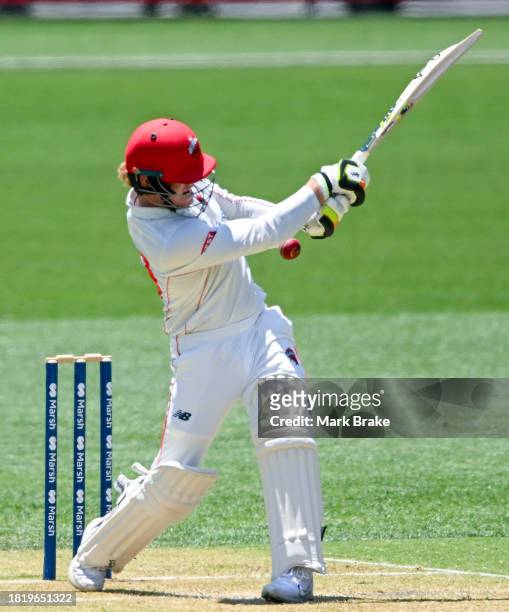 Jake Fraser-McGurk of the Redbacks bats during the Sheffield Shield match between South Australia and Victoria at Adelaide Oval, on November 29 in...