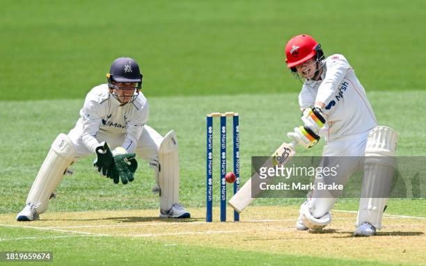 Jake Fraser-McGurk of the Redbacks bats during the Sheffield Shield match between South Australia and Victoria at Adelaide Oval, on November 29 in...