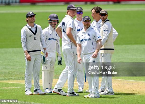 Bushrangers react to Jake Fraser-McGurk of the Redbacks given not out during the Sheffield Shield match between South Australia and Victoria at...