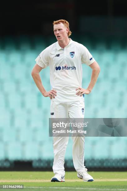 Jack Nisbet of New South Wales reacts after bowling during the Sheffield Shield match between New South Wales and Tasmania at SCG, on November 29 in...
