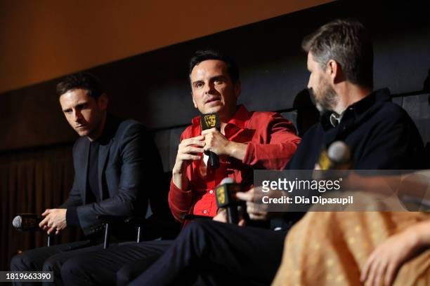 Jamie Bell, Andrew Scott, and Andrew Haigh speak onstage during the "All of Us Strangers" BAFTA screening at AMC Lincoln Square Theater on November...
