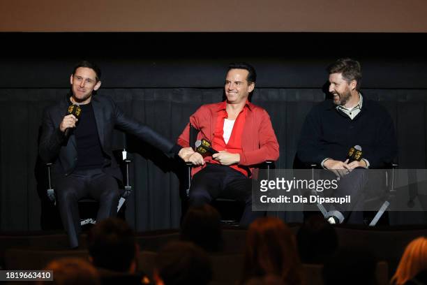 Jamie Bell, Andrew Scott, and Andrew Haigh speak onstage during the "All of Us Strangers" BAFTA screening at AMC Lincoln Square Theater on November...