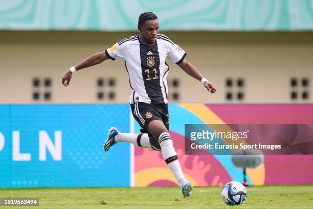 Charles Herrmann of Germany passes the ball during FIFA U-17 World Cup Round of 16 match between Germany and USA at Si Jalak Harupat Stadium on...