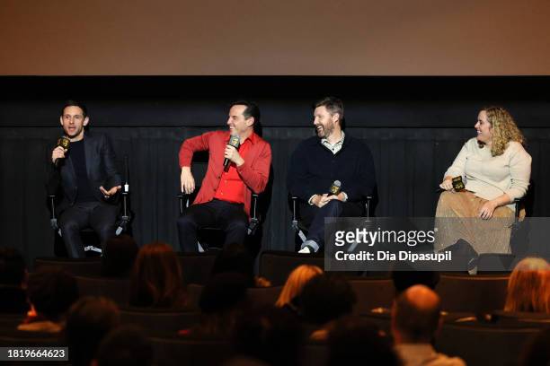 Jamie Bell, Andrew Scott, Andrew Haigh, and Kate Erbland speak onstage during the "All of Us Strangers" BAFTA screening at AMC Lincoln Square Theater...