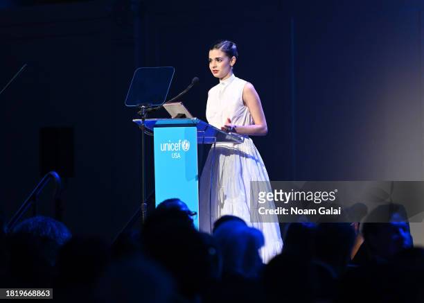 Aria Mia Loberti speaks onstage during The UNICEF Gala at Cipriani Wall St. On November 28, 2023 in New York City.