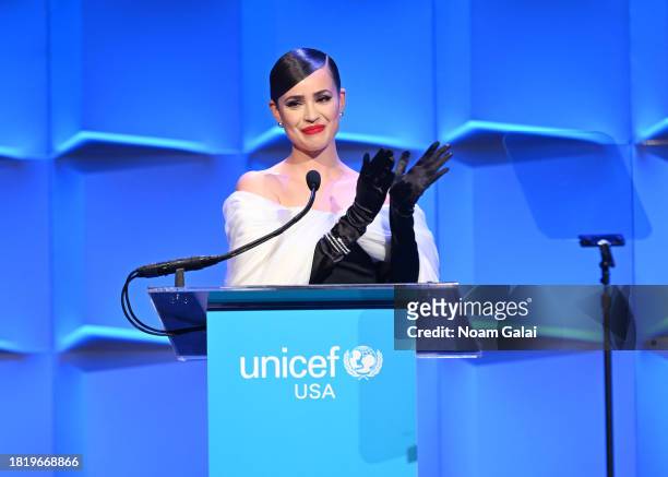Sofia Carson speaks onstage during The UNICEF Gala at Cipriani Wall St. On November 28, 2023 in New York City.