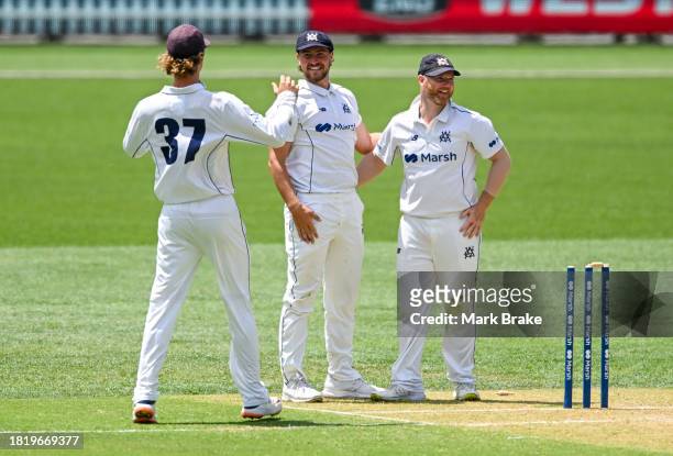 Sub Jonathan Merlo of the Bushrangers celebrates running out Nathan McSweeney of the Redbacks during the Sheffield Shield match between South...