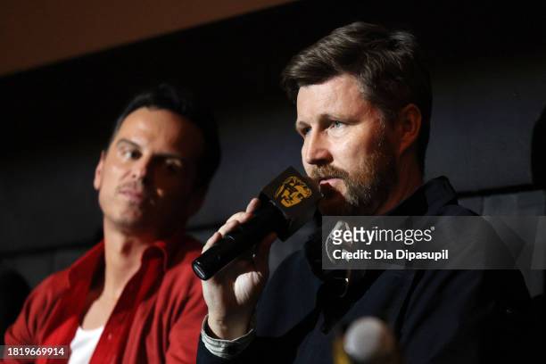 Andrew Scott and Andrew Haigh speak onstage during the "All of Us Strangers" BAFTA screening at AMC Lincoln Square Theater on November 28, 2023 in...