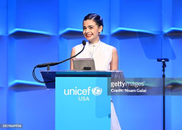 Aria Mia Loberti speaks onstage during The UNICEF Gala at Cipriani Wall St. On November 28, 2023 in New York City.