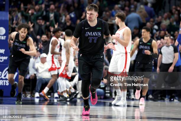 Luka Doncic of the Dallas Mavericks reacts after making a basket against the Houston Rockets in the second half during an NBA In-Season Tournament...