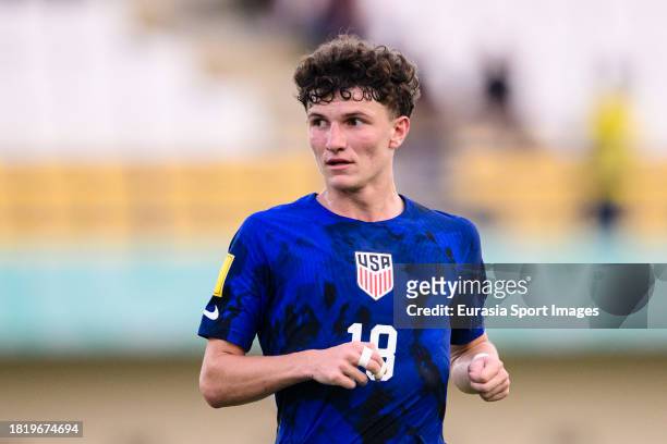 Aiden Harangi of United States runs in the field during FIFA U-17 World Cup Round of 16 match between Germany and USA at Si Jalak Harupat Stadium on...