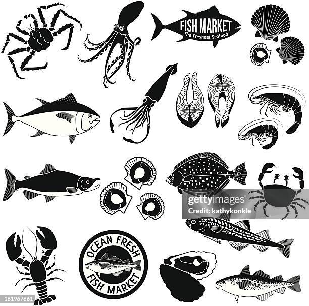 illustrazioni stock, clip art, cartoni animati e icone di tendenza di mercato del pesce sull'icona set - alaskan king crab