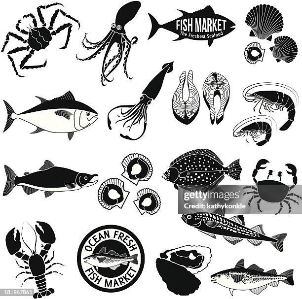 fish market icon set - flounder stock illustrations