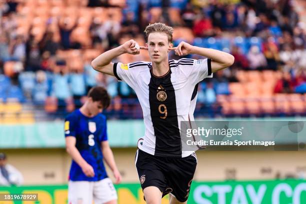 Max Moerstedt of Germany celebrates his goal during FIFA U-17 World Cup Round of 16 match between Germany and USA at Si Jalak Harupat Stadium on...