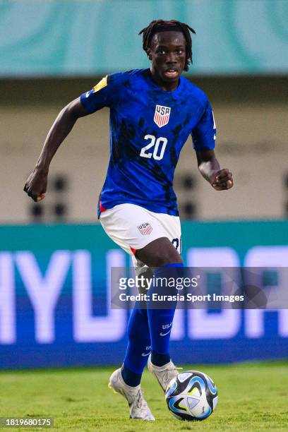 Bryce Jamison of United States controls the ball during FIFA U-17 World Cup Round of 16 match between Germany and USA at Si Jalak Harupat Stadium on...