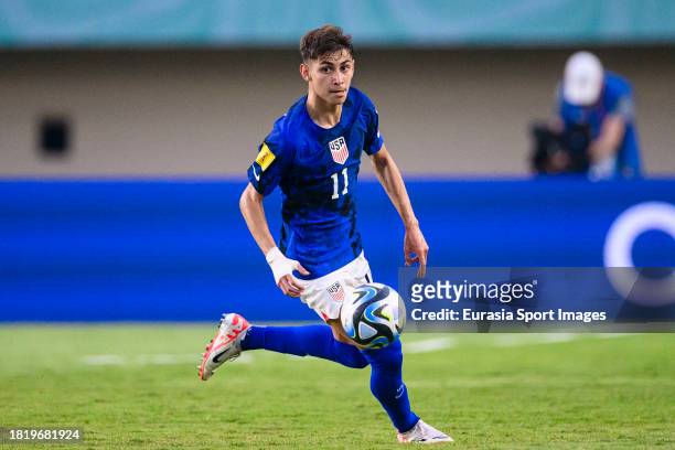 David Vazquez of United States runs with the ball during FIFA U-17 World Cup Round of 16 match between Germany and USA at Si Jalak Harupat Stadium on...