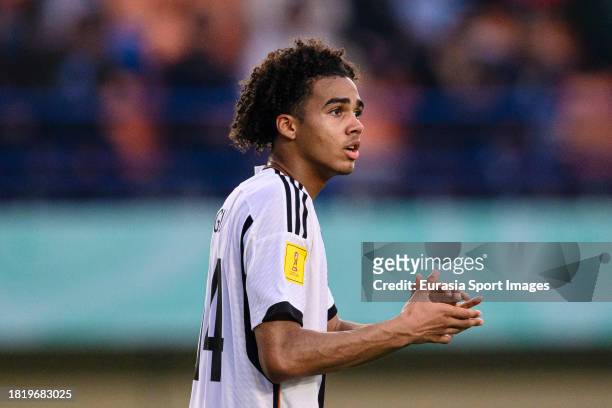 David Odogu of Germany gestures during FIFA U-17 World Cup Round of 16 match between Germany and USA at Si Jalak Harupat Stadium on November 21, 2023...