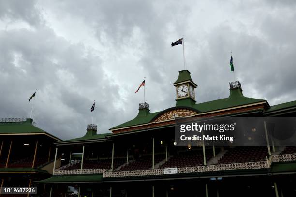 Storm clouds form over the members pavilion during the Sheffield Shield match between New South Wales and Tasmania at SCG, on November 29 in Sydney,...