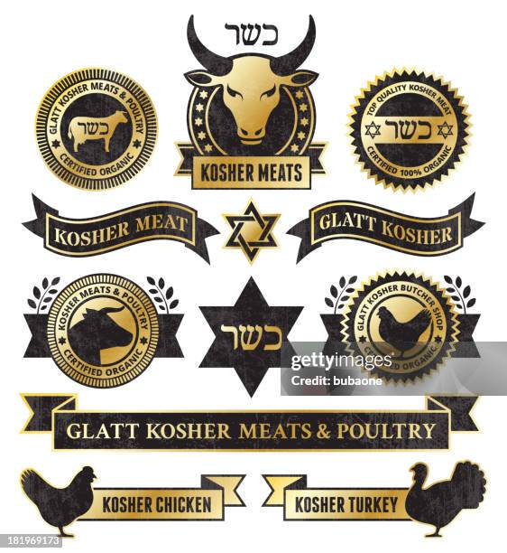 kosher meat and poultry golden grunge vector icon set - kosher certified stock illustrations