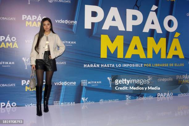 Berenice Jonguitud poses for photos during 'Papá o Mamá' Film Red Carpet at Cinepolis Plaza Carso on November 28, 2023 in Mexico City, Mexico.