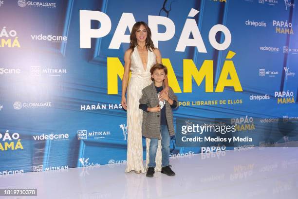 Silvia Navarro and León Casanova pose for photos during 'Papá o Mamá' Film Red Carpet at Cinepolis Plaza Carso on November 28, 2023 in Mexico City,...