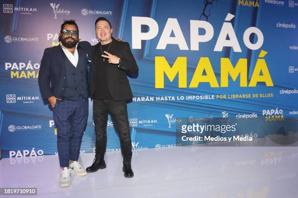 Mauricio Barrientos 'El Diablito' and Armando Hernández pose for photos during 'Papá o Mamá' Film Red Carpet at Cinepolis Plaza Carso on November 28,...