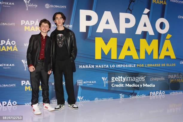 Erik Terroba and Axel Madrazo pose for photos during 'Papá o Mamá' Film Red Carpet at Cinepolis Plaza Carso on November 28, 2023 in Mexico City,...