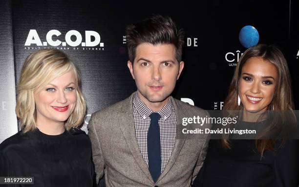 Actors Amy Poehler, Adam Scott and Jessica Alba attend the premiere of the Film Arcade's "A.C.O.D." at the Landmark Theater on September 26, 2013 in...