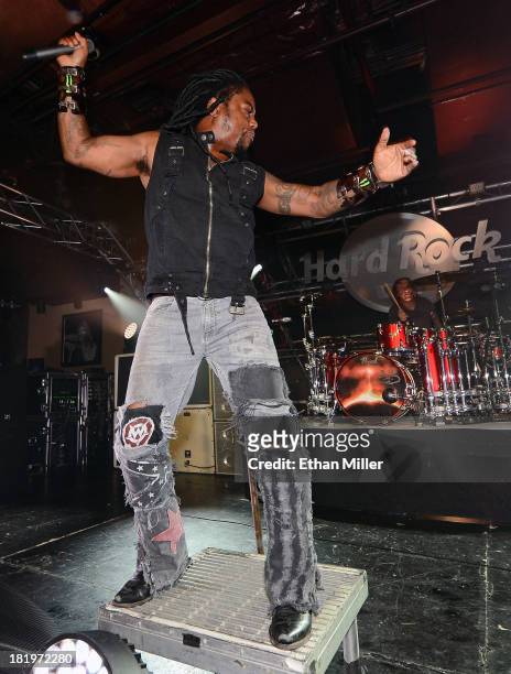Singer Lajon Witherspoon and drummer Morgan Rose of Sevendust perform at Hard Rock Live Las Vegas as the band tours in support of the album "Black...