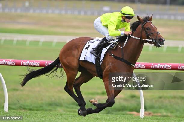 Celine Gaudray riding South of Houston winning Race 7, the Thoroughbred Club Australia Handicap, during Melbourne Racing at Sandown Lakeside on...