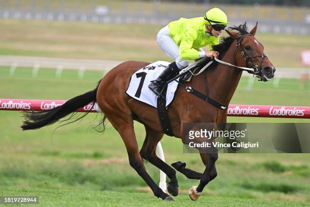 Celine Gaudray riding South of Houston winning Race 7, the Thoroughbred Club Australia Handicap, during Melbourne Racing at Sandown Lakeside on...