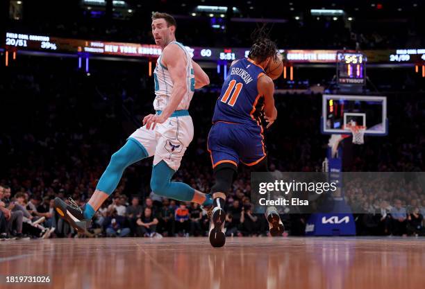 Jalen Brunson of the New York Knicks makes the steal from Gordon Hayward of the Charlotte Hornets during the second half of an NBA In-Season...