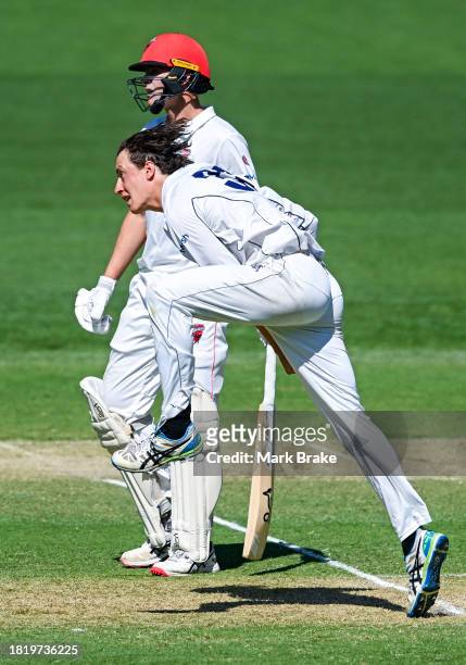 Doug Warren of the Bushrangers bowls during the Sheffield Shield match between South Australia and Victoria at Adelaide Oval, on November 29 in...