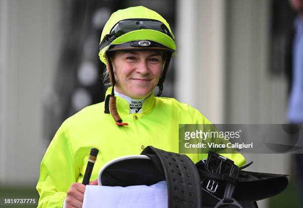 Celine Gaudray riding South of Houston after winning Race 7, the Thoroughbred Club Australia Handicap, during Melbourne Racing at Sandown Lakeside on...