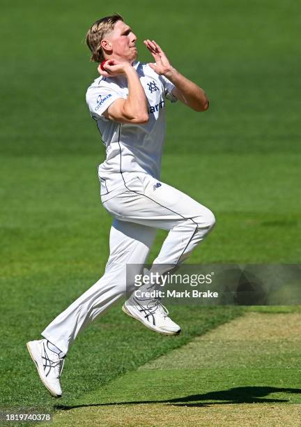 Will Sutherland captain of the Bushrangers bowls during the Sheffield Shield match between South Australia and Victoria at Adelaide Oval, on November...