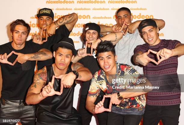 Justice Crew pose on the media wall ahead of the Nickelodeon Slimefest 2013 matinee show at Sydney Olympic Park Sports Centre on September 27, 2013...