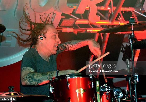 Drummer Morgan Rose of Sevendust performs at Hard Rock Live Las Vegas as the band tours in support of the album "Black Out the Sun" on September 18,...