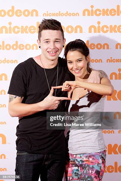 Reece Mastin and Rhiannon Fish pose on the media wall ahead of the Nickelodeon Slimefest 2013 evening show at Sydney Olympic Park Sports Centre on...