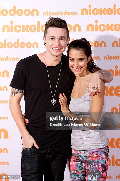 Reece Mastin and Rhiannon Fish pose on the media wall ahead of the Nickelodeon Slimefest 2013 evening show at Sydney Olympic Park Sports Centre on...